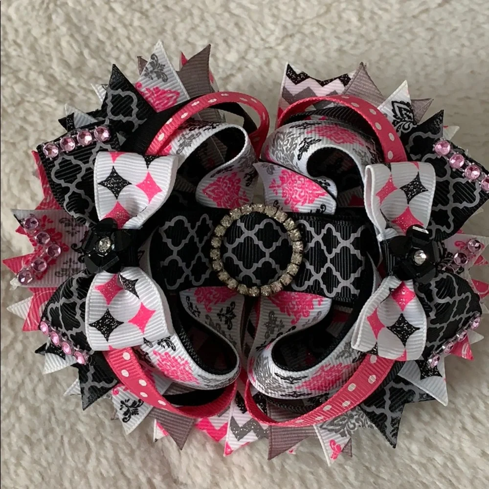 OTT Black & Pink Hair Bow snap clip rhinestones